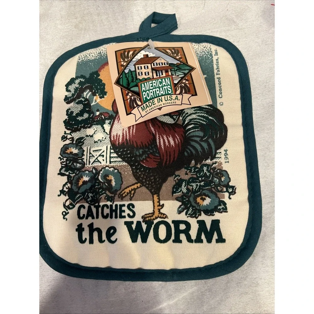 Vtg 1994 3pc Dish Towels & Pot Holder Rooster Franco Farmhouse Made‎ In USA